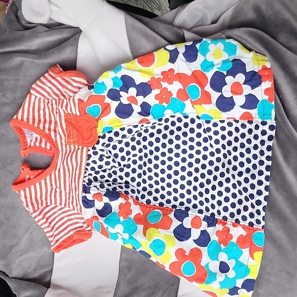 Girls Floral orange and blue polka dot and striped summer dress 3-6m
